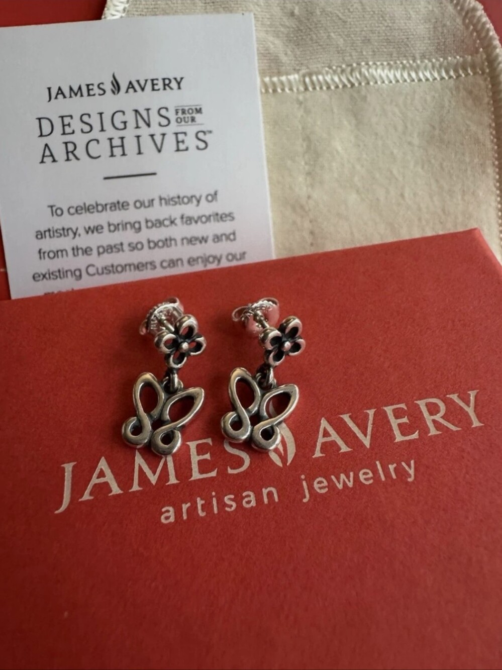🆕 James Avery Rare Sterling Silver Floral Butterfly Drop Earrings